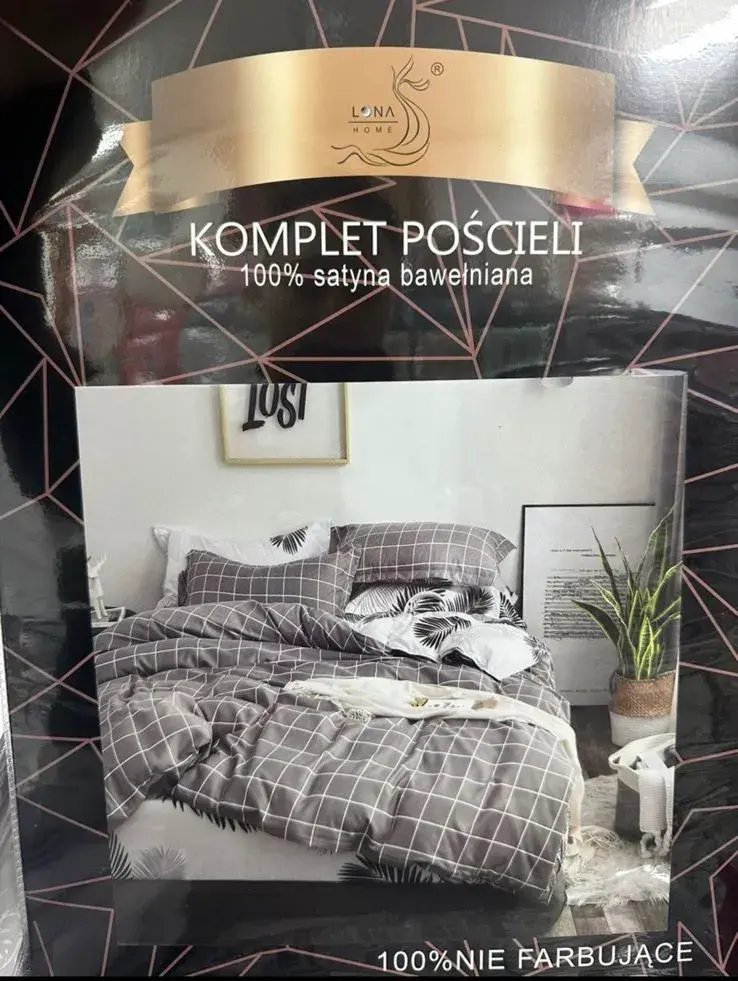 Komplet Pościeli 4CZ 200/220 100% Satyna Bawełniana, kolor szary ze wzorem kratki i liści