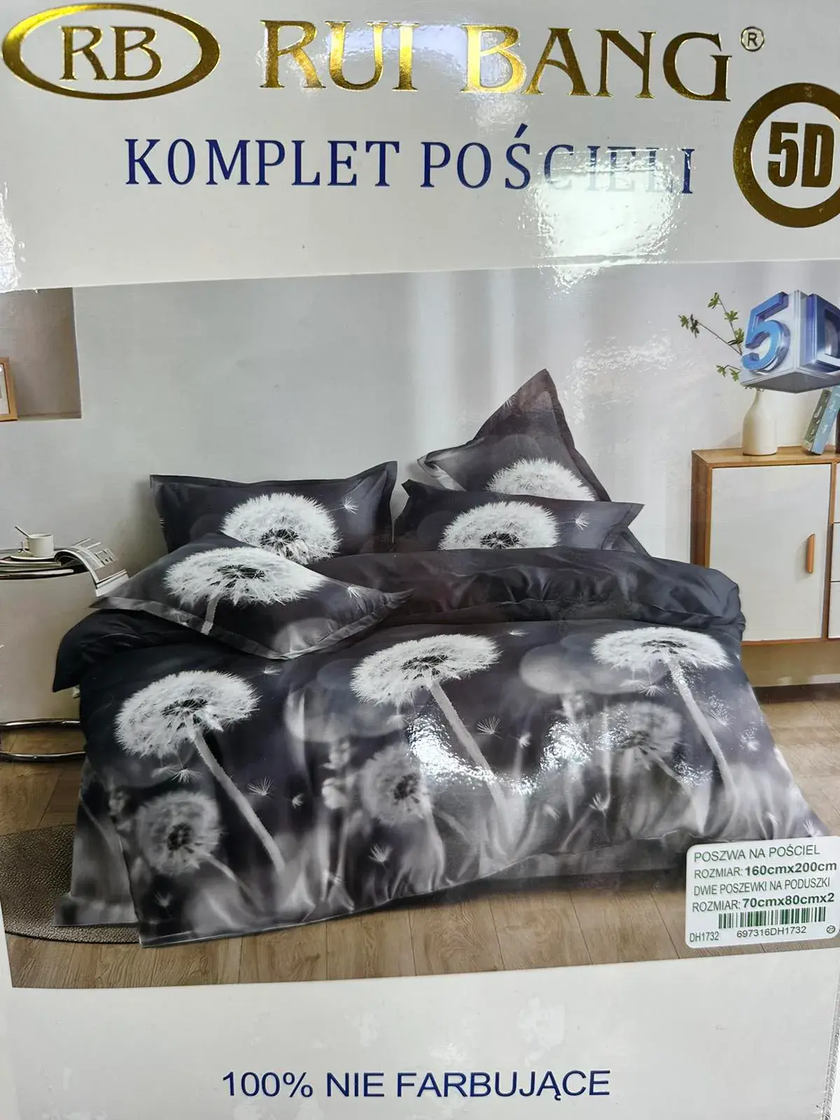 Komplet Pościeli 3cz Rui Rui Bang 160/200 50D, kolor grafitowo-czarny z białymi dmuchawcami