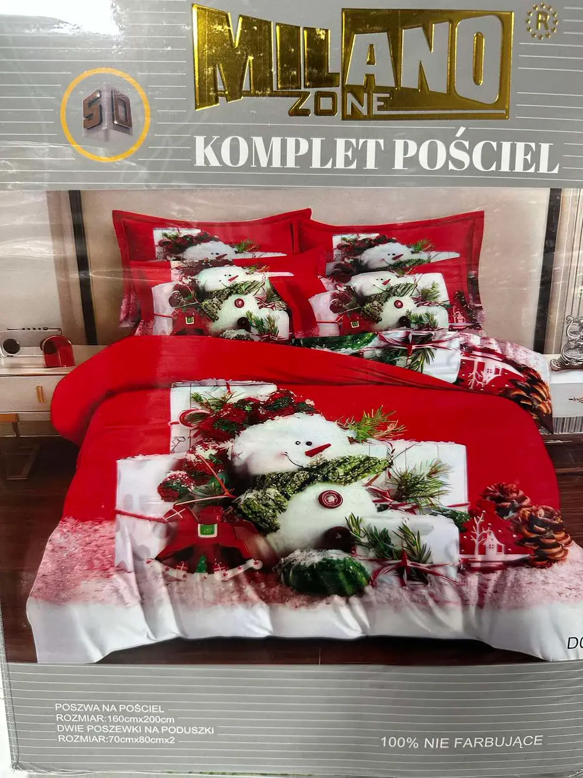 Komplet pościeli 3cz Milano 160/200 świąteczny, kolor intensywny czerwony