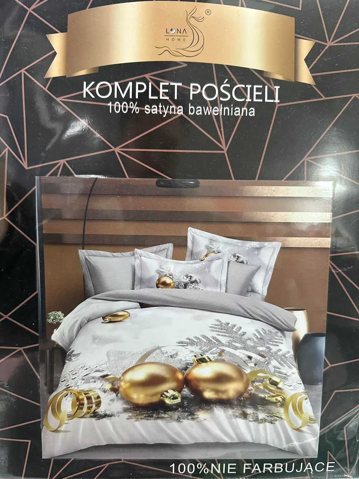 Komplet Pościeli 4CZ 160/200 100% Satyna Bawełniana, kolor biały ze złotymi bombkami i liśćmi