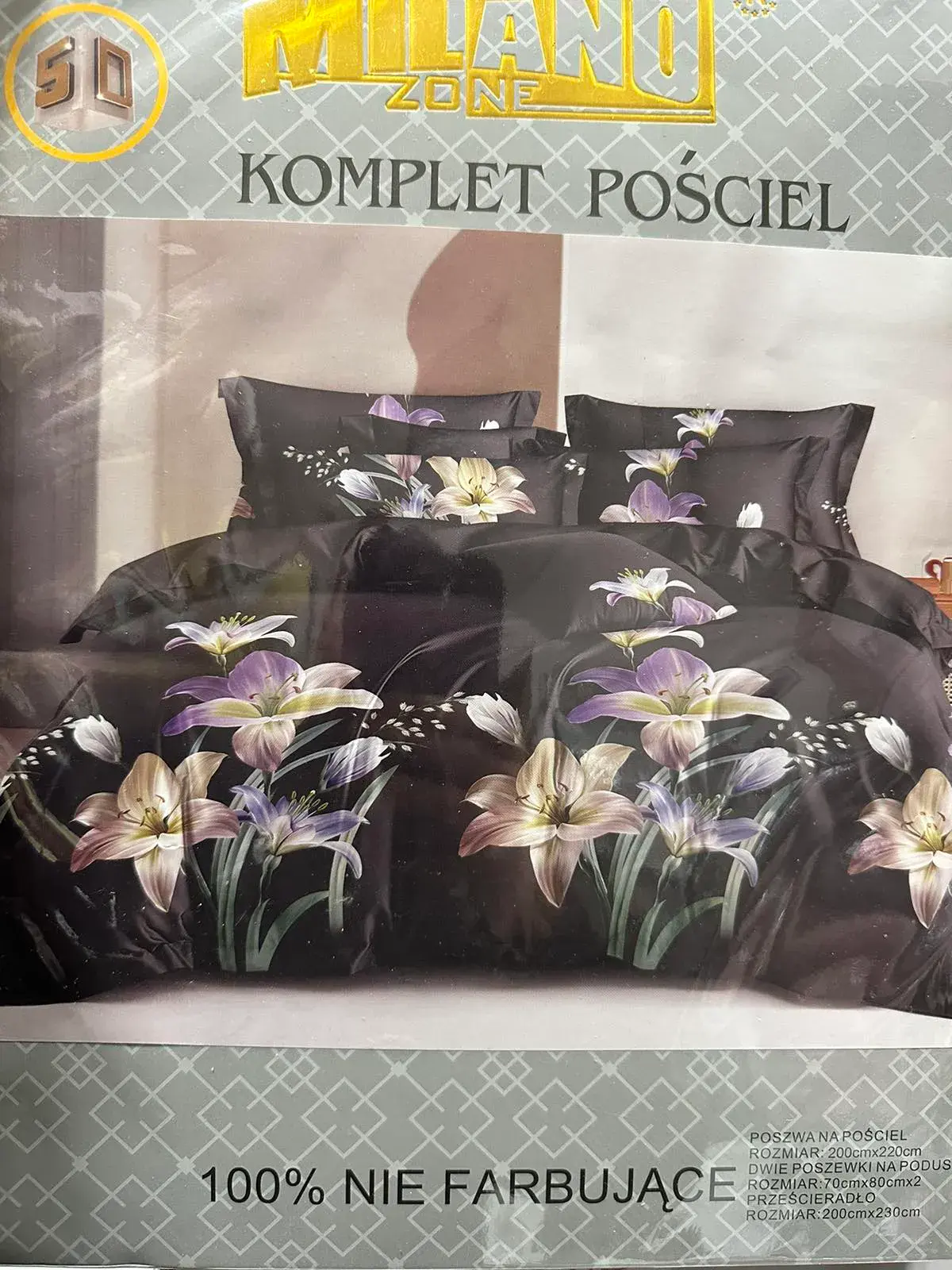 Komplet Pościel Milano 4CZ 200x220, kolor czarny z fioletowo-białymi liliami