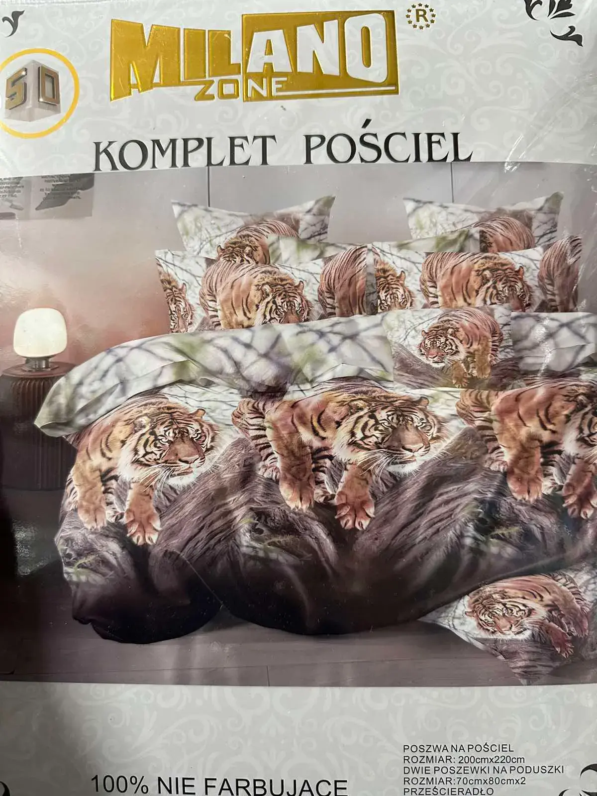 Komplet Pościel Milano 4CZ 200x220 Tygrys, kolor szary z brązowo-pomarańczowymi tygrysami