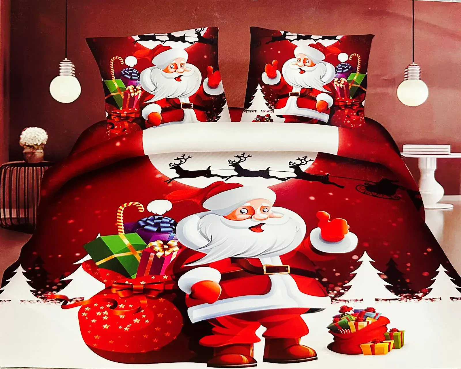 Komplet pościeli Milano 5D 4CZ 200/220 Santa Claus, kolor czerwony z białymi i czarnymi akcentami