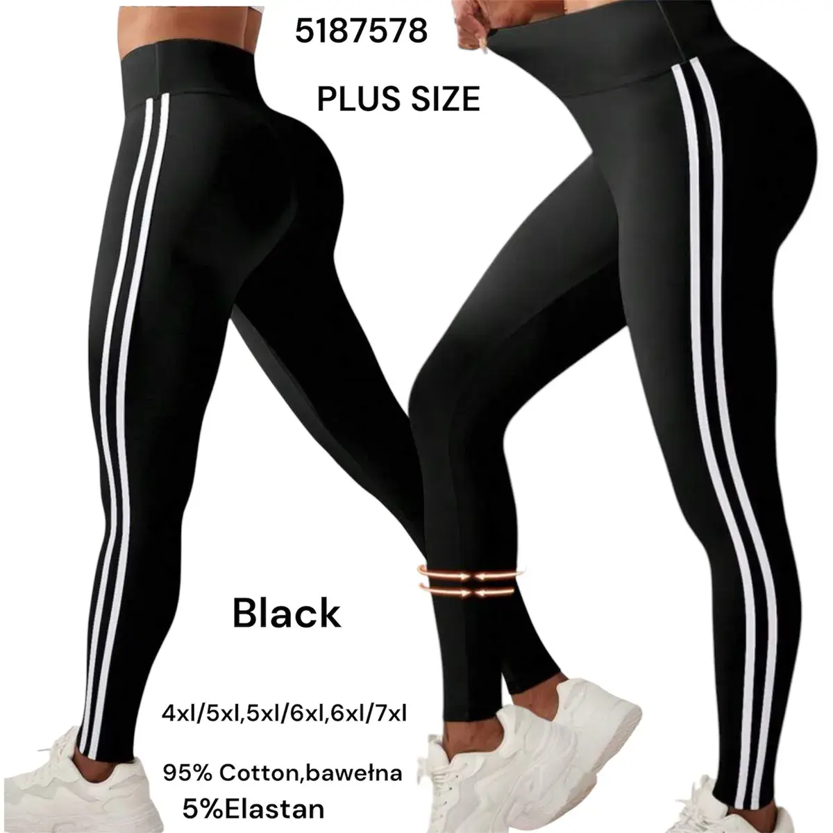 Legginsy Plus Size czarne z białymi paskami bawełniane