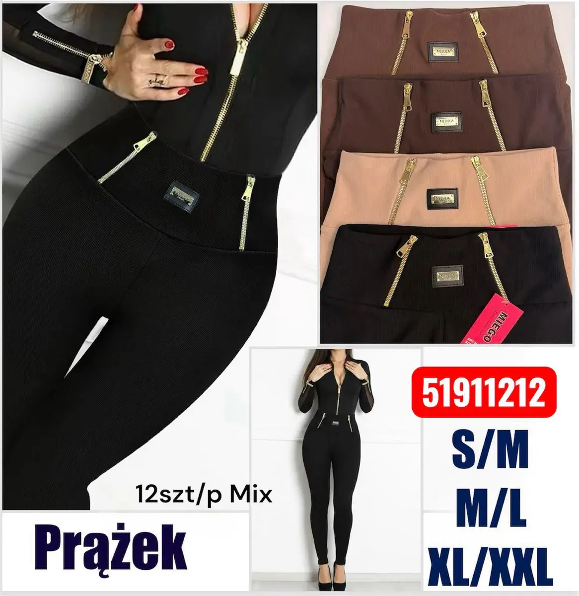 Legginsy damskie prążkowane z ozdobnymi złotymi suwakami mix kolorów