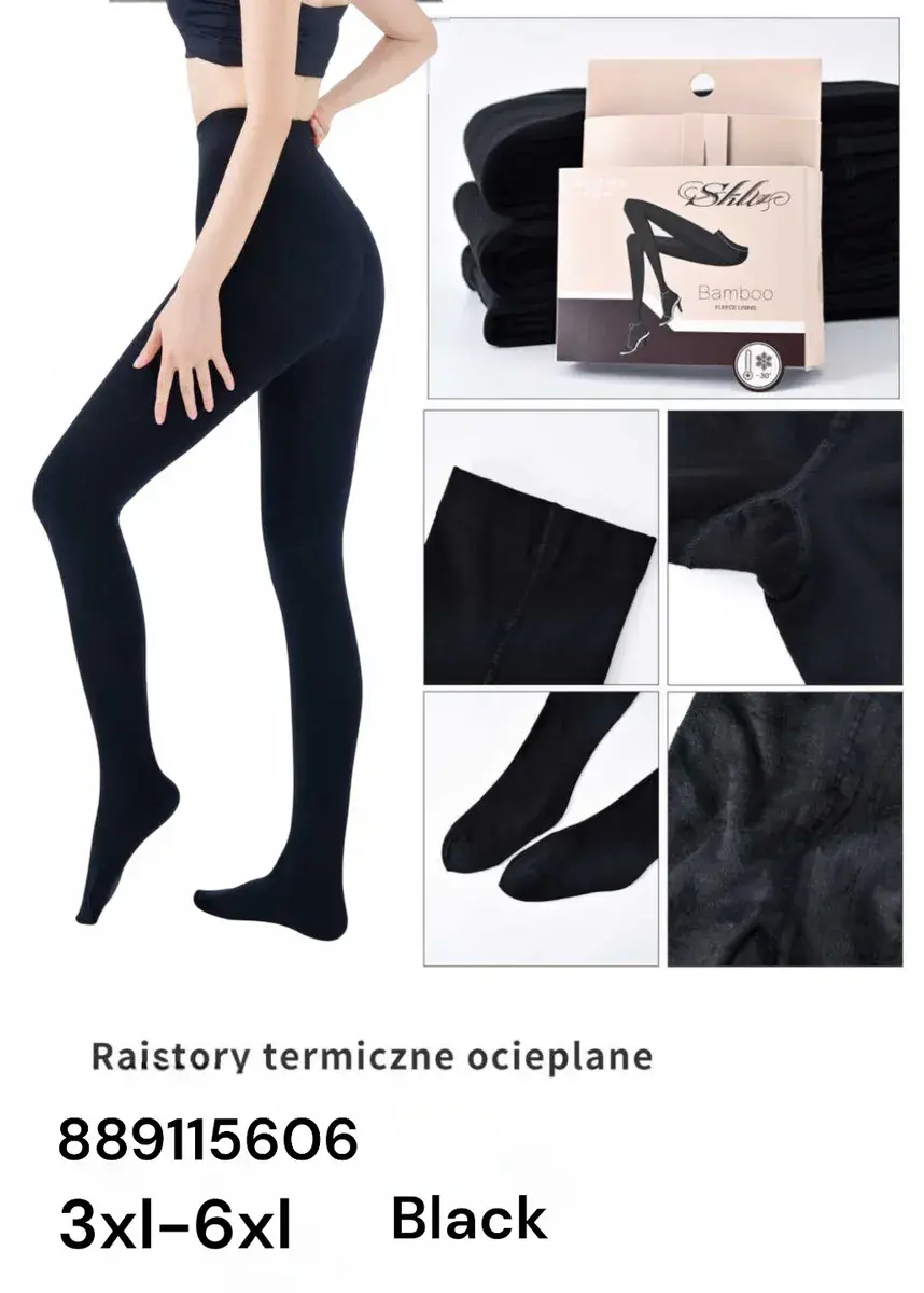 Czarne rajstopy termiczne ocieplane Bamboo 3XL-6XL