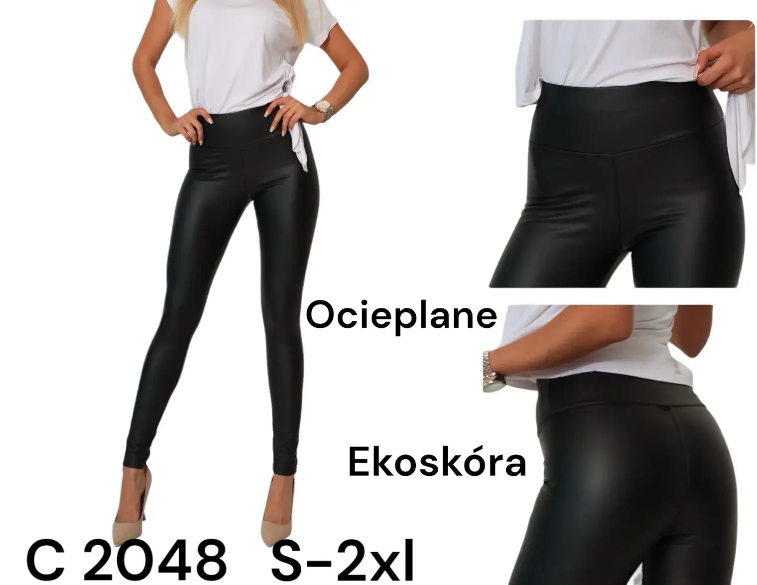 Leggingsy damskie czarne eko-skóra S-2XL C20488