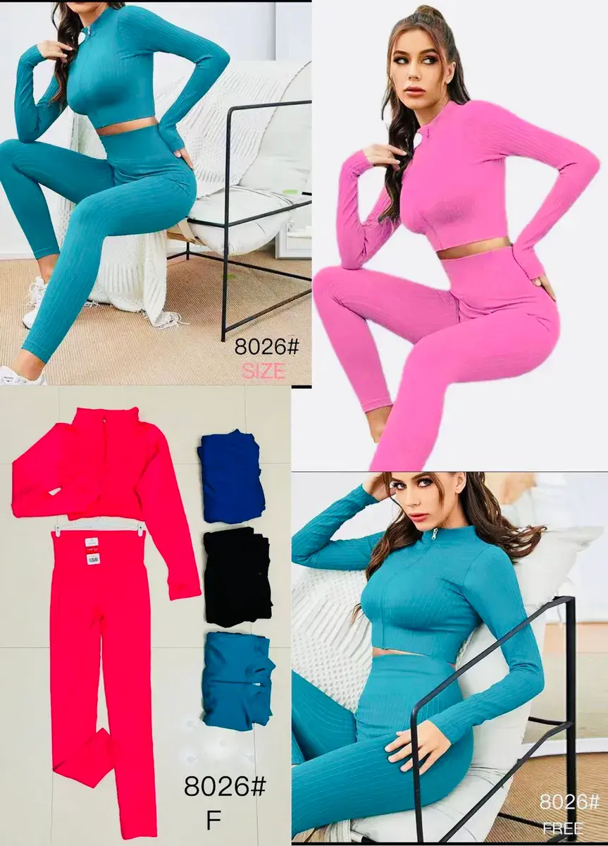 Komplet damski prążkowany crop top i legginsy w kolorach różowym i turkusowym