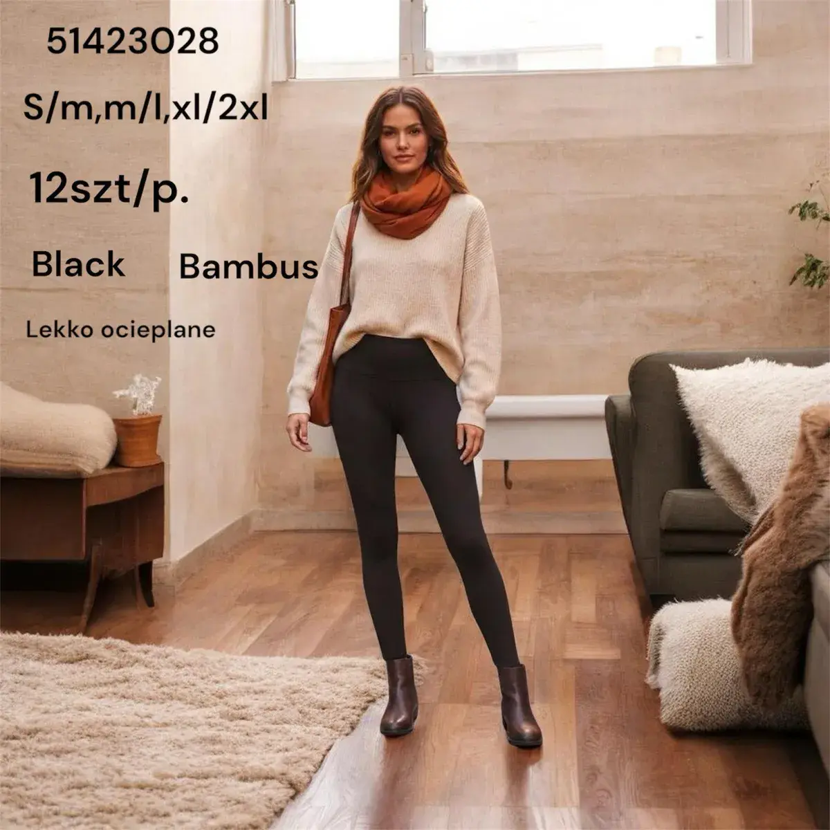 Legginsy damskie czarne bambusowe lekko ocieplane S-2XL