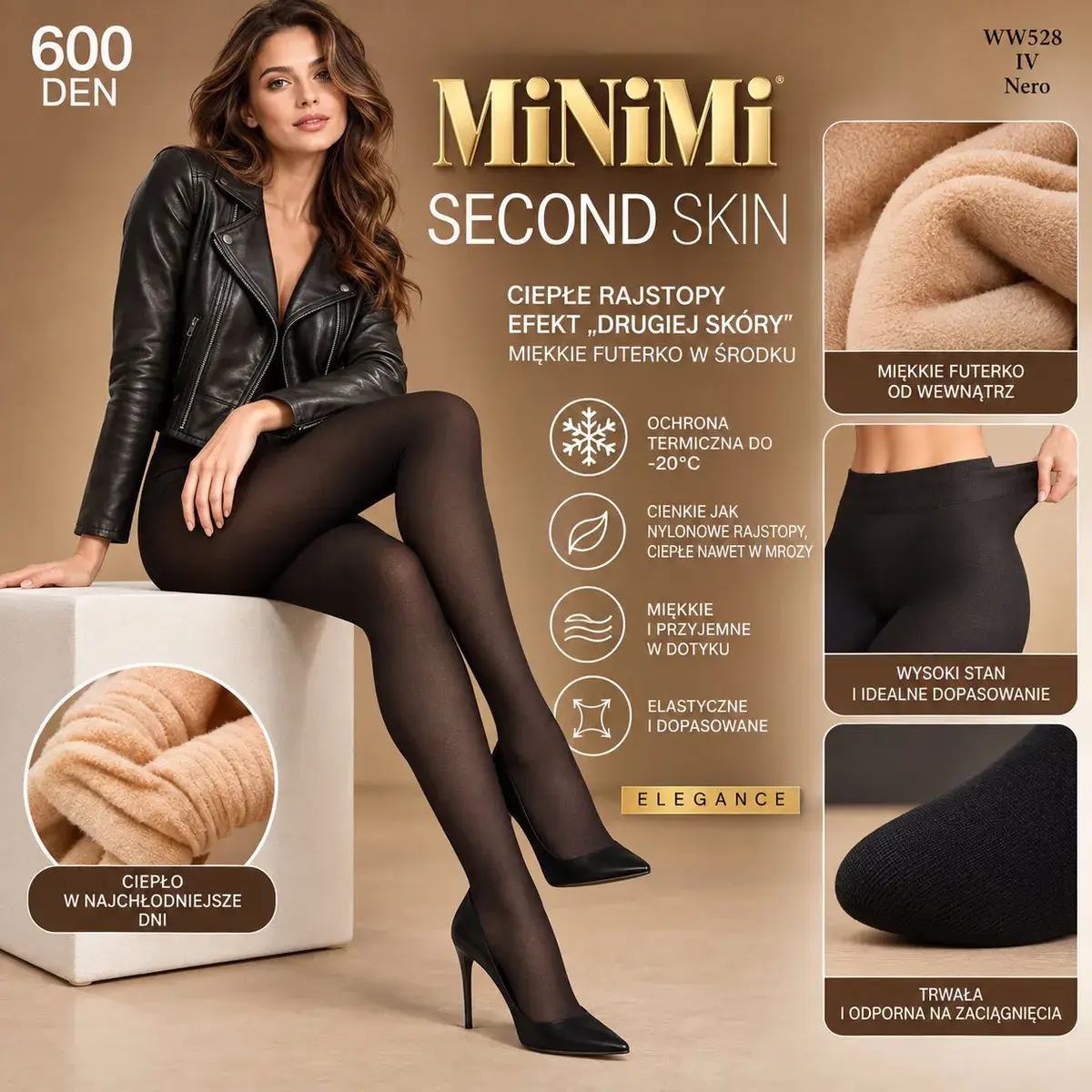 Ciepłe rajstopy Minimi Second Skin 600 DEN czarne z futerkiem