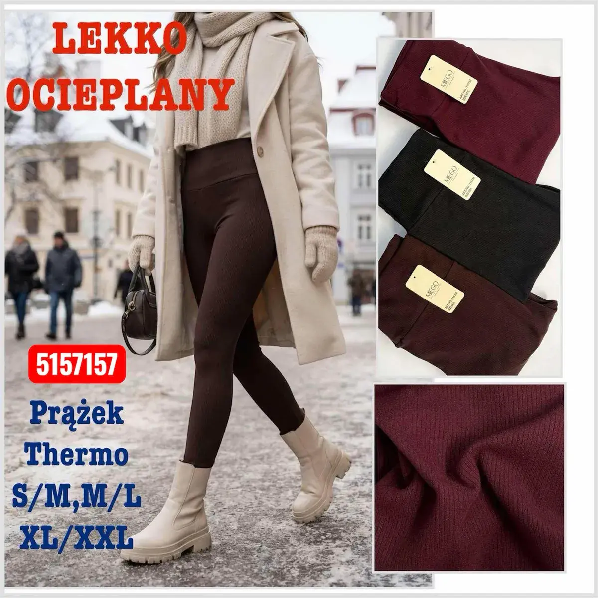 Legginsy damskie prążkowane termo lekkie ocieplane różne rozmiary