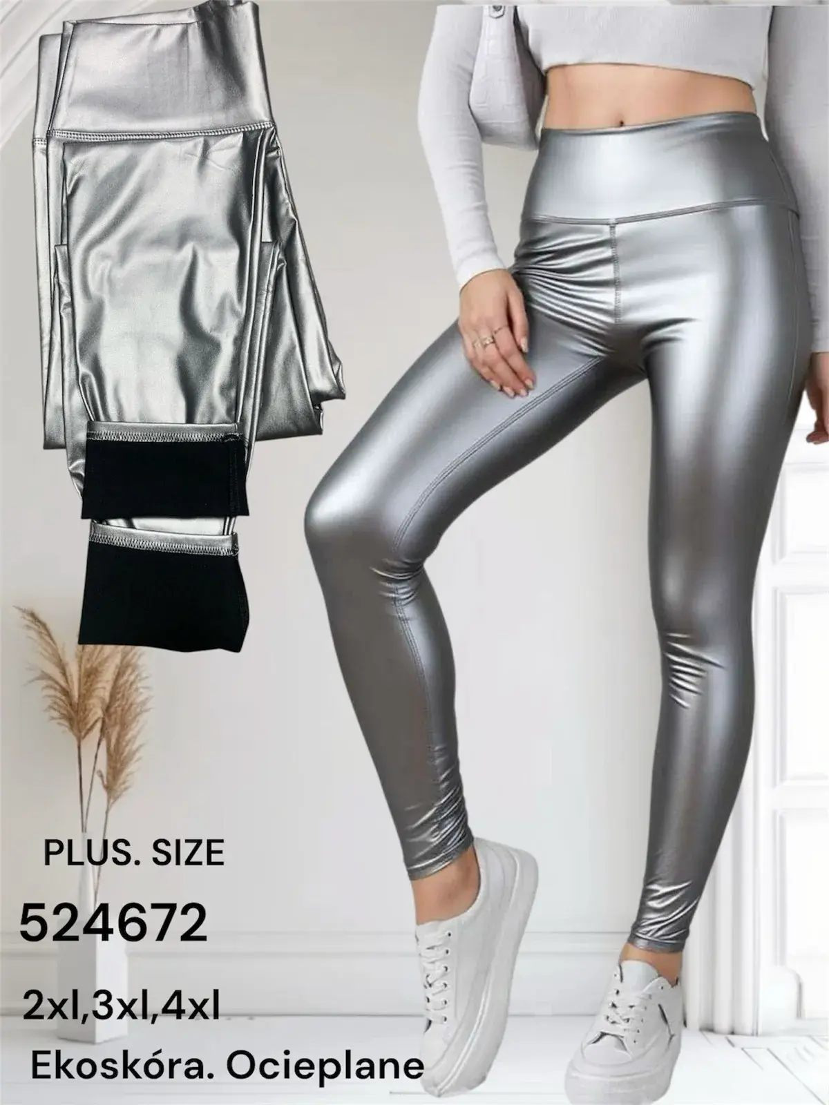 Leggingsy damskie metaliczne szare plus size 2XL-4XL