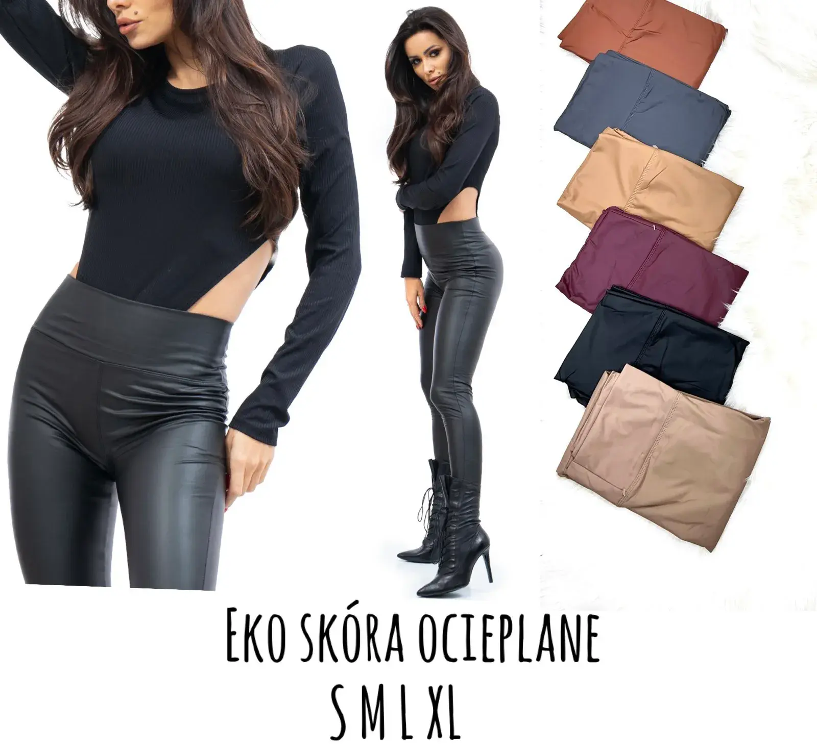 Leggingsy damskie eko skóra ocieplane S M XL