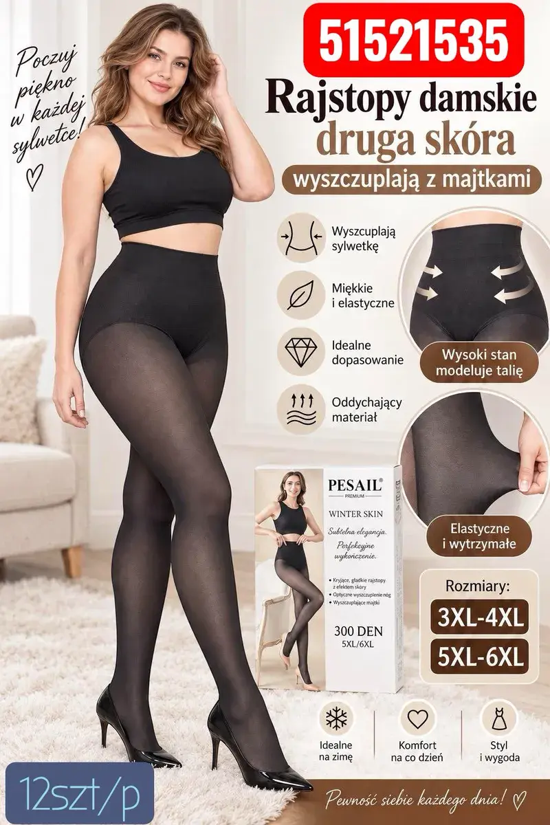 Rajstopy damskie PESAIL Winter Skin 300 DEN czarne 3XL-6XL
