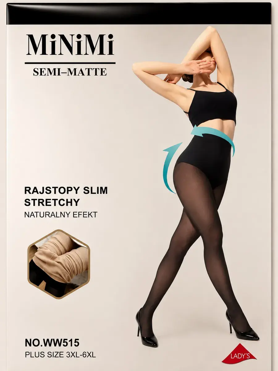 Rajstopy slim stretchy plus size 3XL-6XL czarne półmatowe