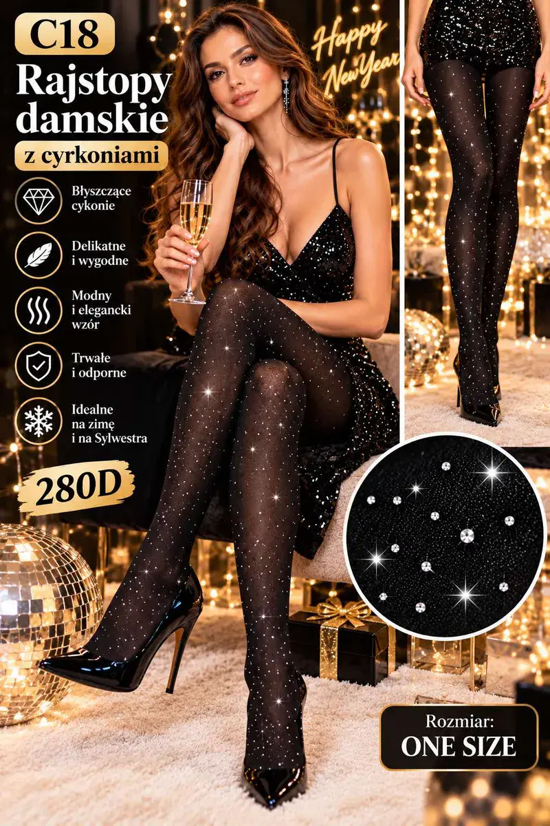Rajstopy damskie czarne z cyrkoniami 280D one size
