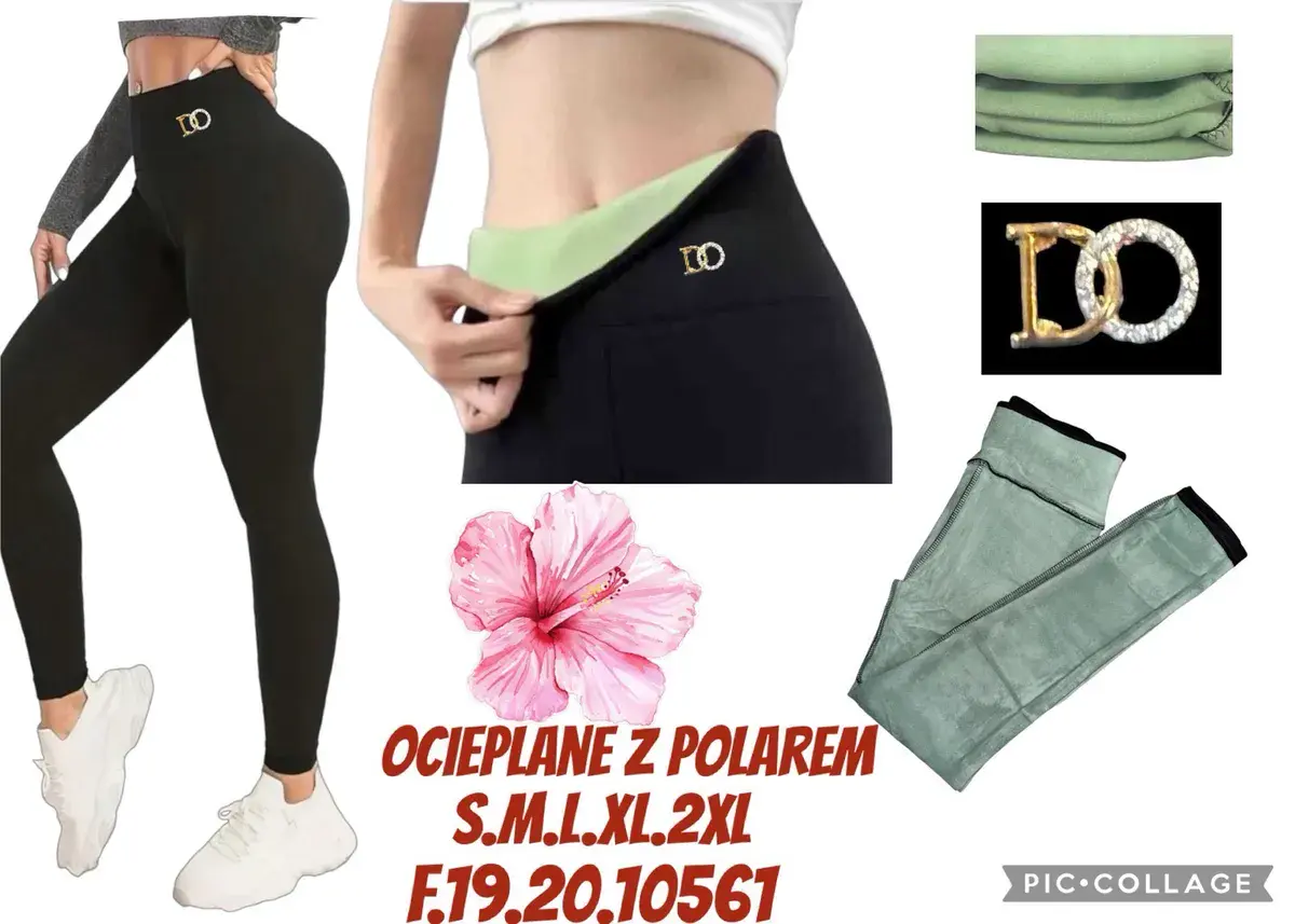 Legginsy damskie ocieplane czarne z zielonym polarem S-2XL