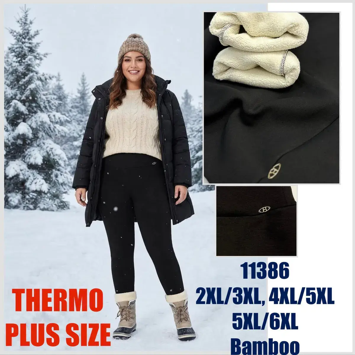 Legginsy damskie czarne ocieplane Bamboo plus size 2XL-6XL