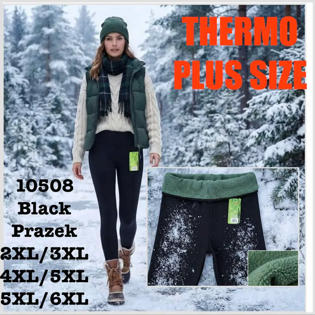 Legginsy Termo Plus Size Black Prażek z zielonym ociepleniem