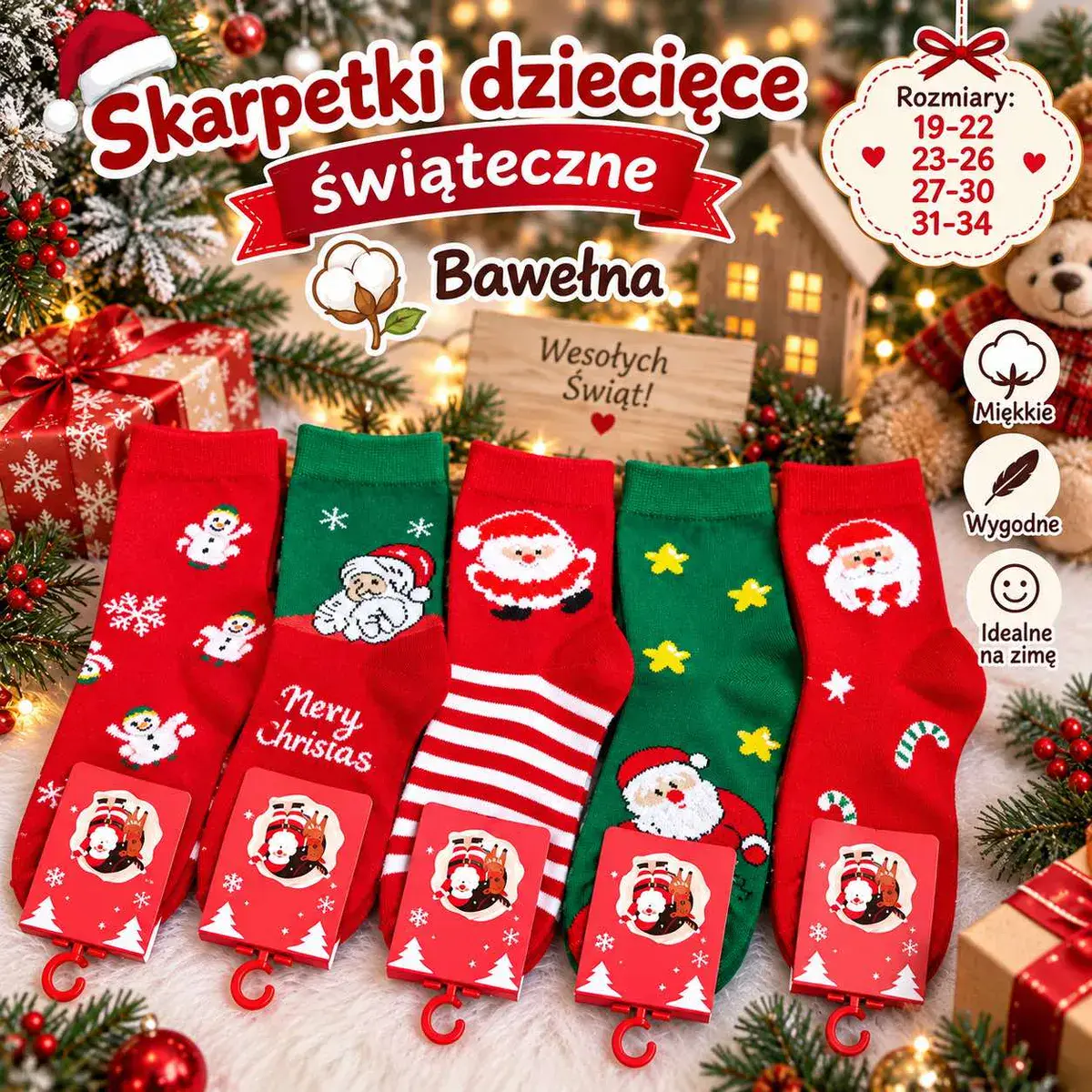Skarpetki dziecięce świąteczne bawełniane mix rozmiarów 19-34