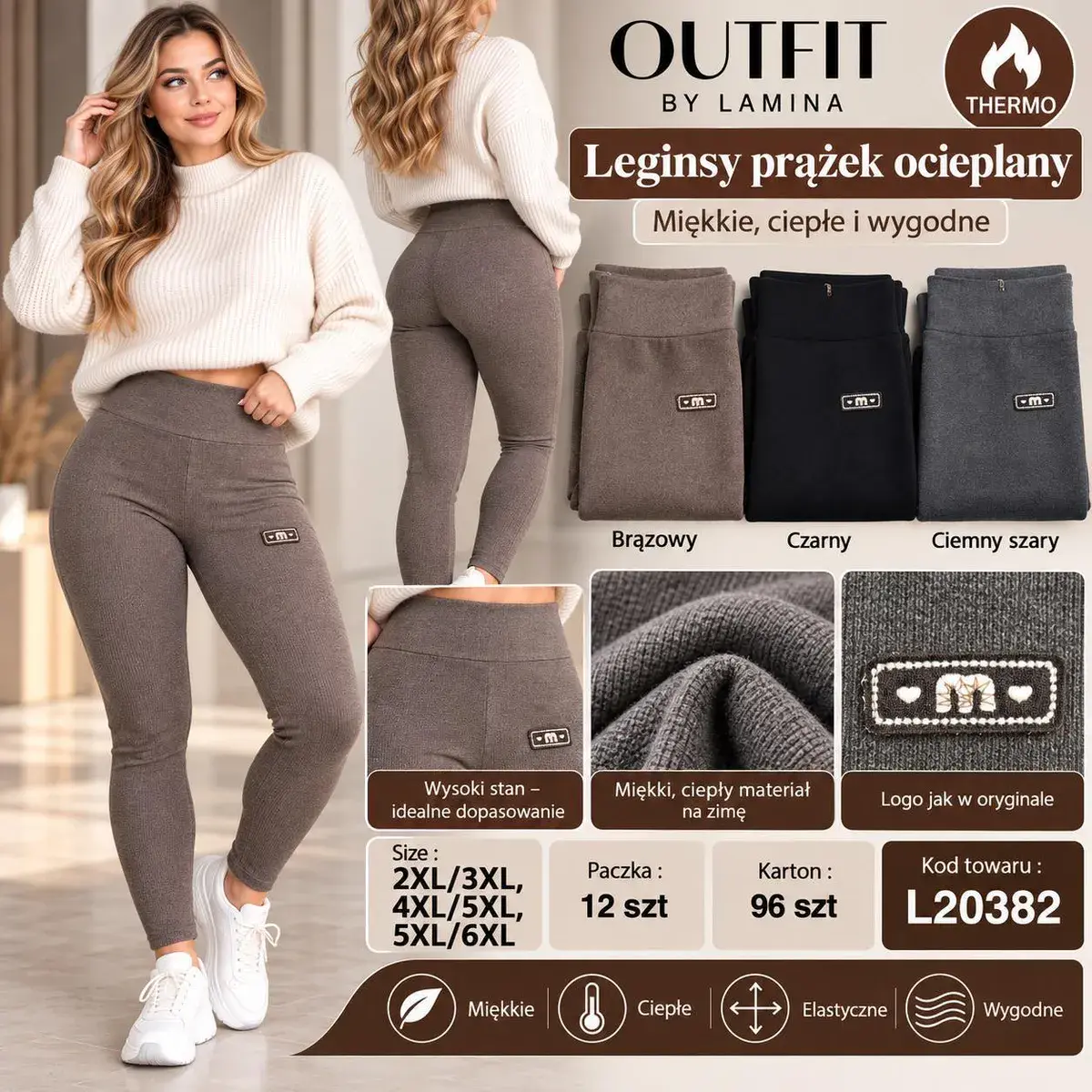 Leginsy prążek ocieplane damskie wysokie rozmiary 2XL-6XL