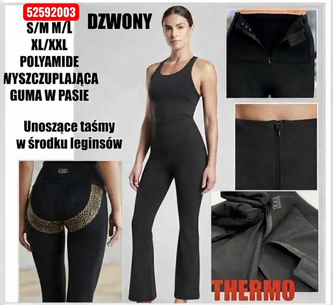 Leginsy damskie czarne termo z gumą wyszczuplającą i taśmami uniesienia