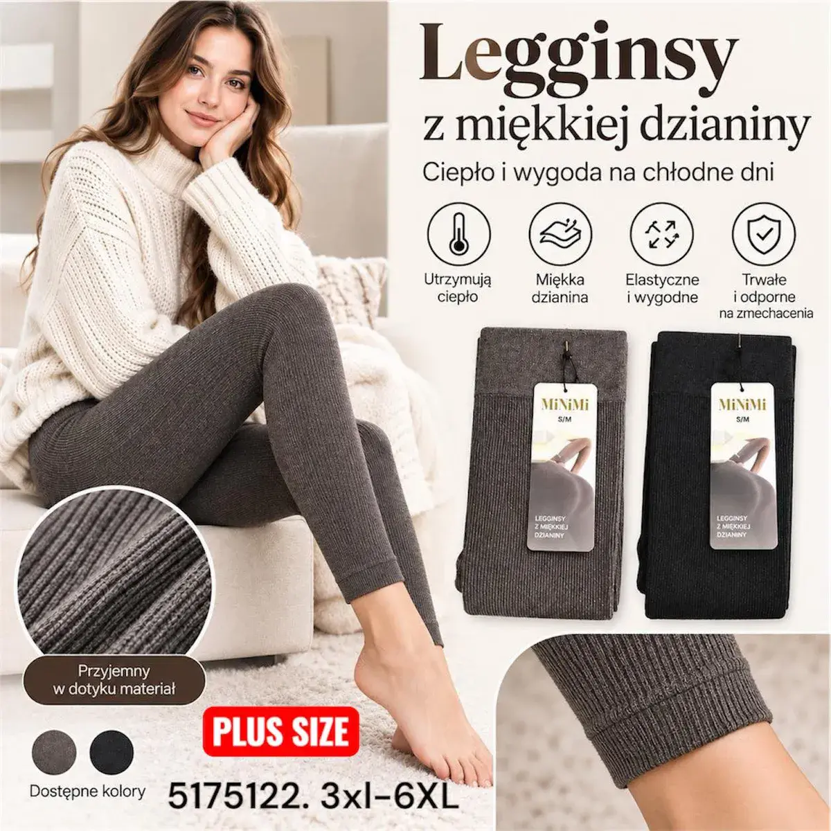 Legginsy z miękkiej dzianiny plus size szare i czarne 3XL-6XL
