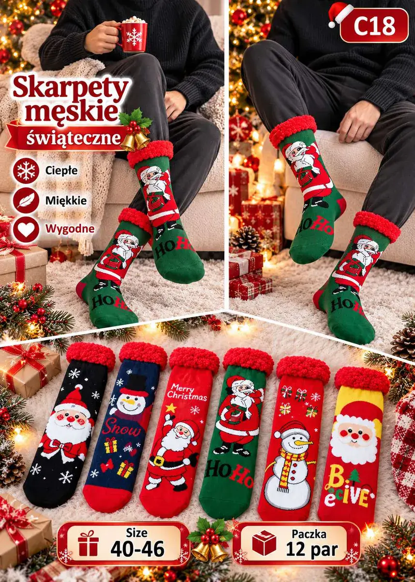 Skarpety męskie świąteczne ciepłe miękkie rozmiar 40-46 12 par