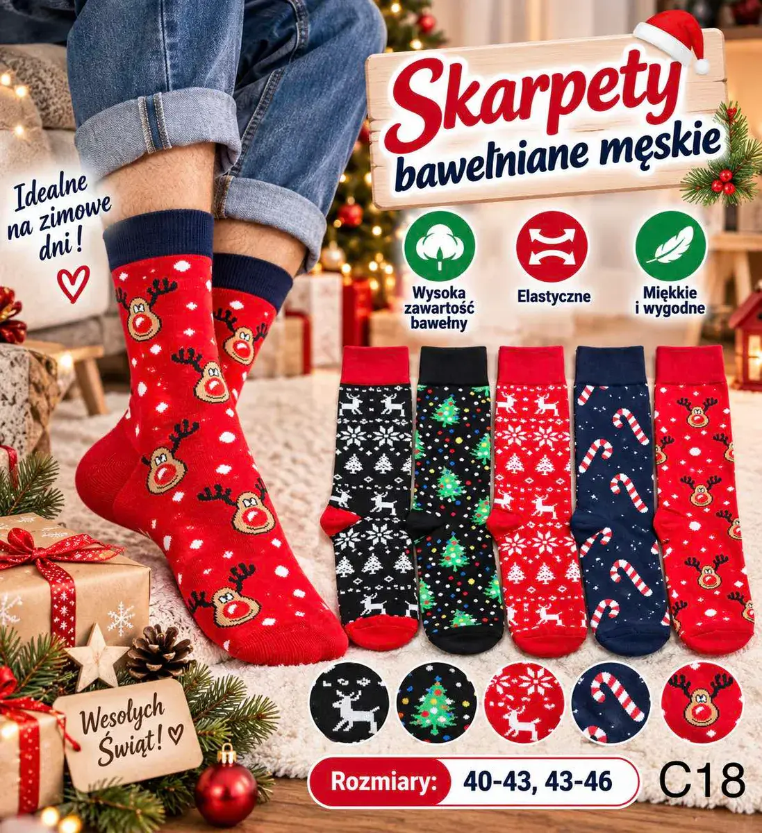 Skarpety bawełniane męskie świąteczne wzory rozmiar 40-46