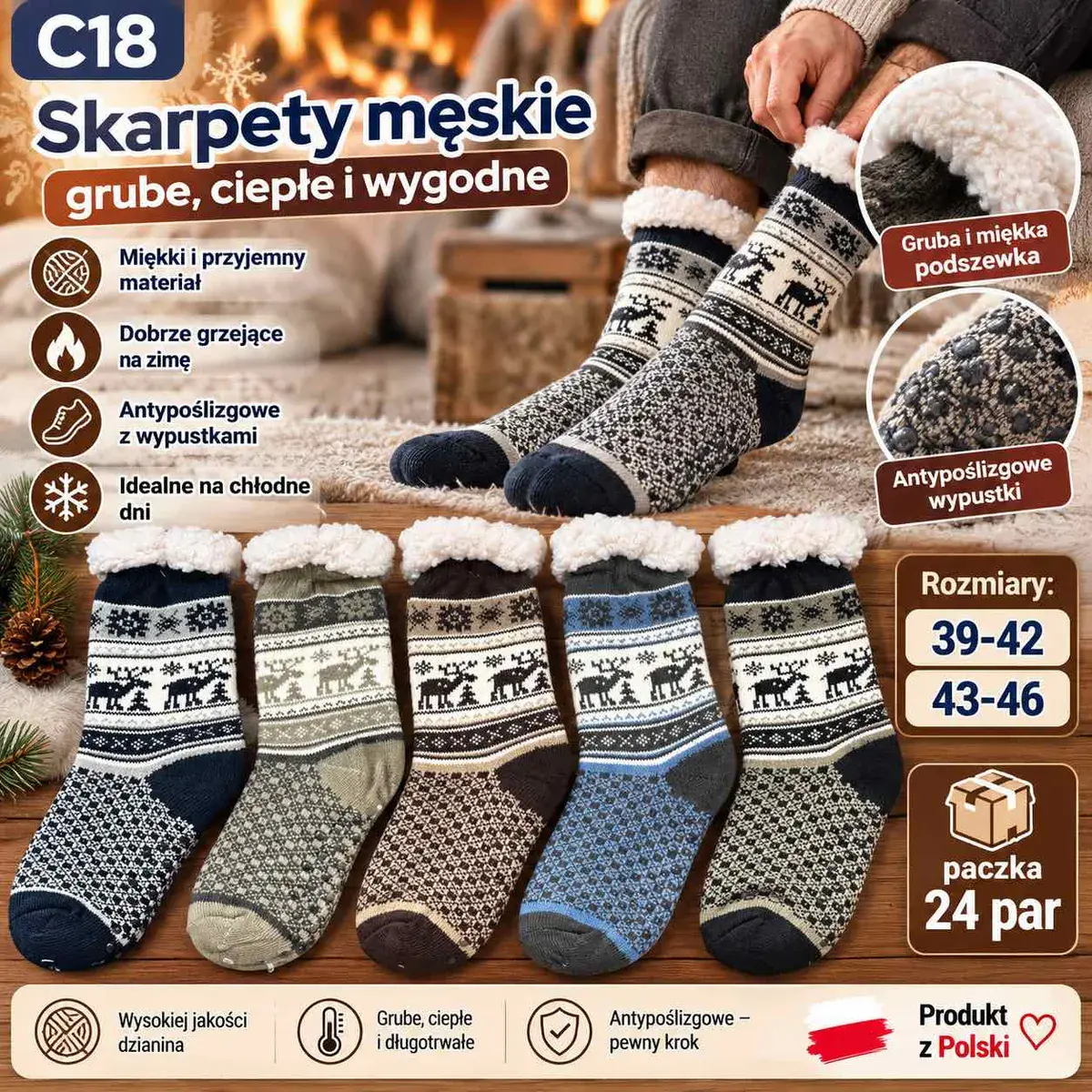 Skarpety męskie grube ciepłe z antypoślizgową podeszwą 39-46