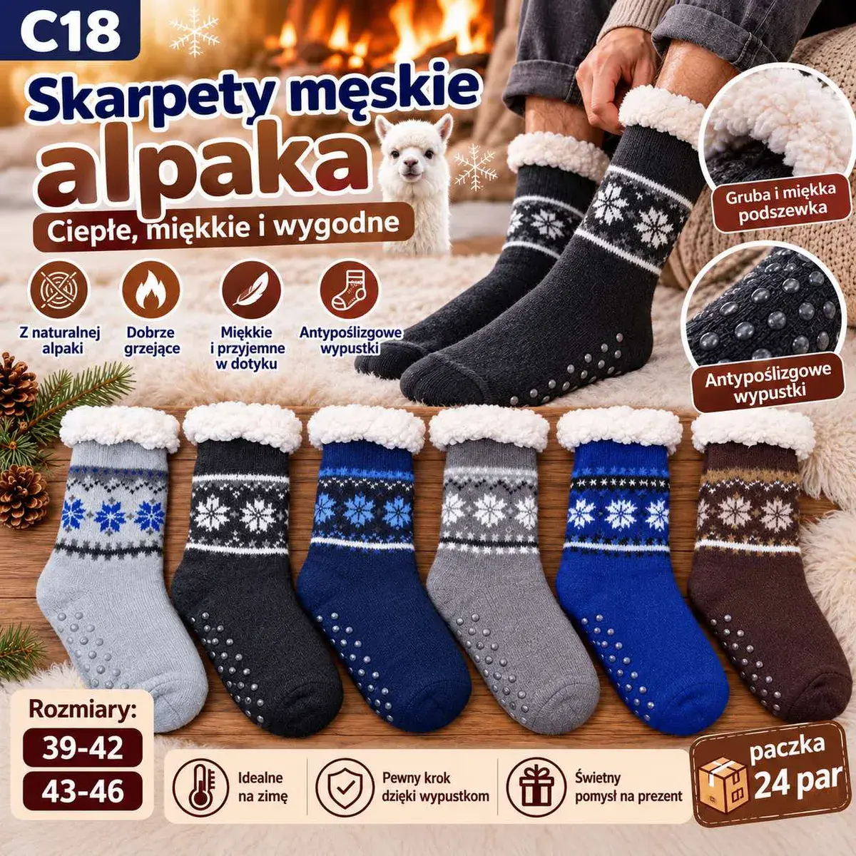 Skarpety męskie alpaka ciepłe z antypoślizgowymi wypustkami